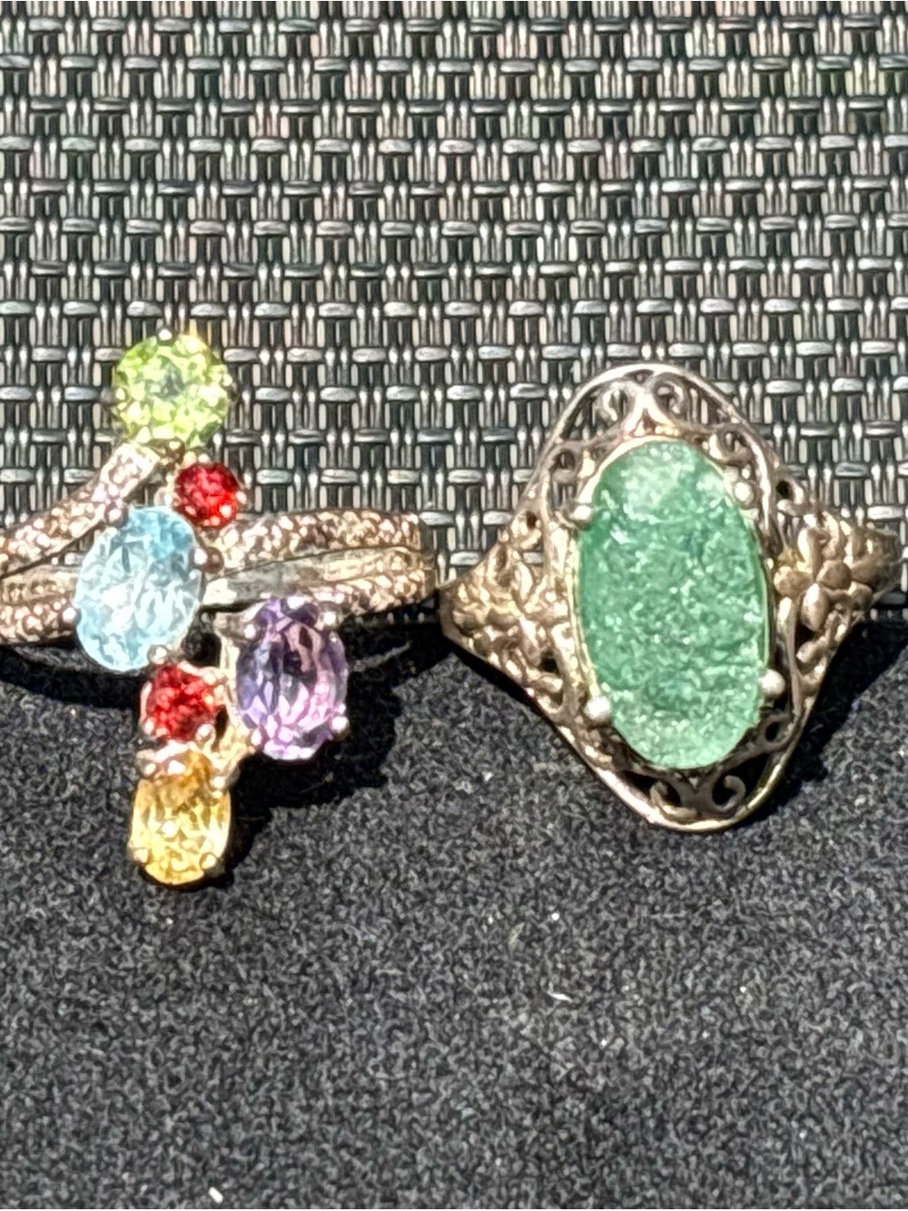 2 Vintage Sterling Silver & Gemstone Rings Raw Emerald & Multi Stone Aquamarine+